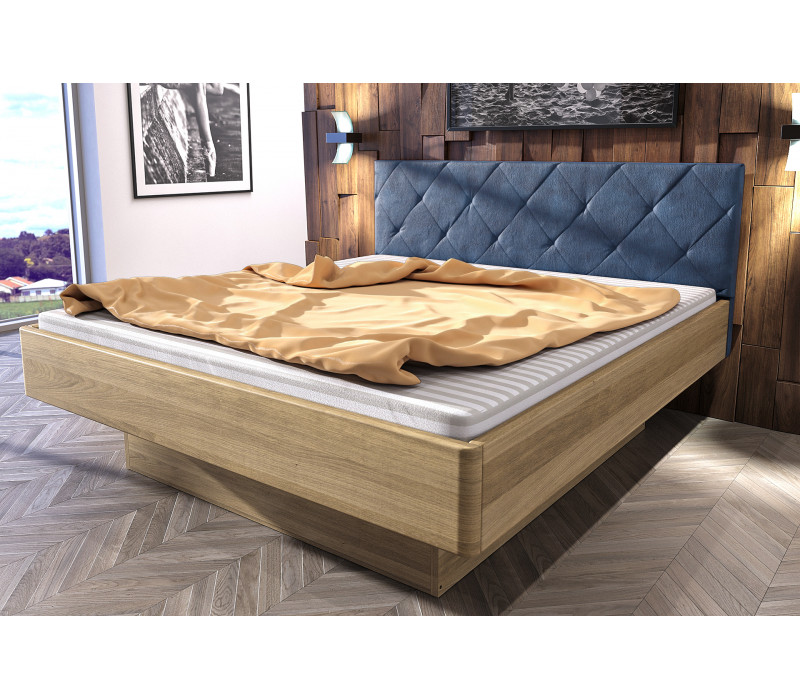 Dubová posteľ Emily s úložným priestorom-modré čalunenie